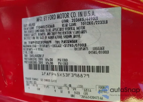 2003 Ford Mustang Gt from USA, damaged, VIN 1FAFP45X53F398879